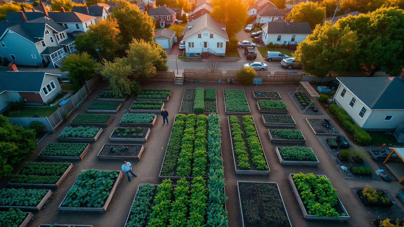 Aerial view of a Global One community garden with rows of vegetables between Kansas City homes