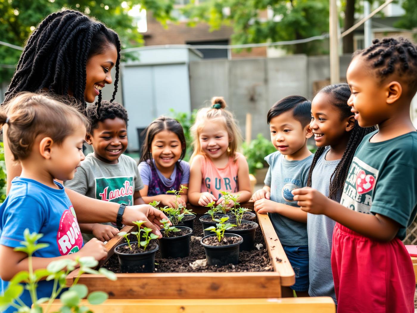 A teacher shows a diverse group of children how to plant seedlings in an urban garden